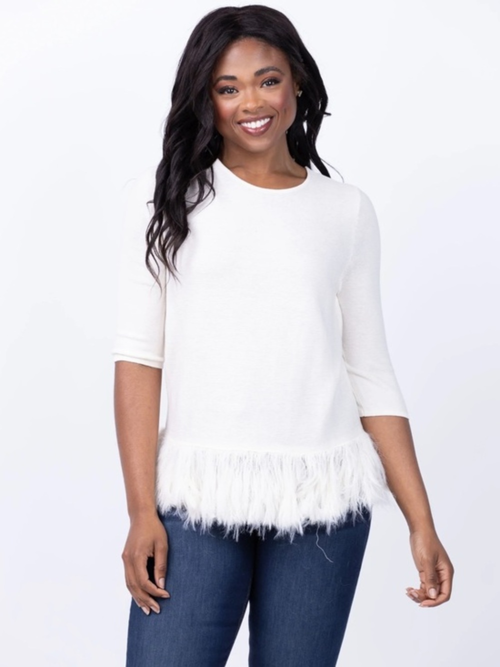 NWT, Small Nic+Zoe Classic Cream Feather Fringe  Textured Knit sweater